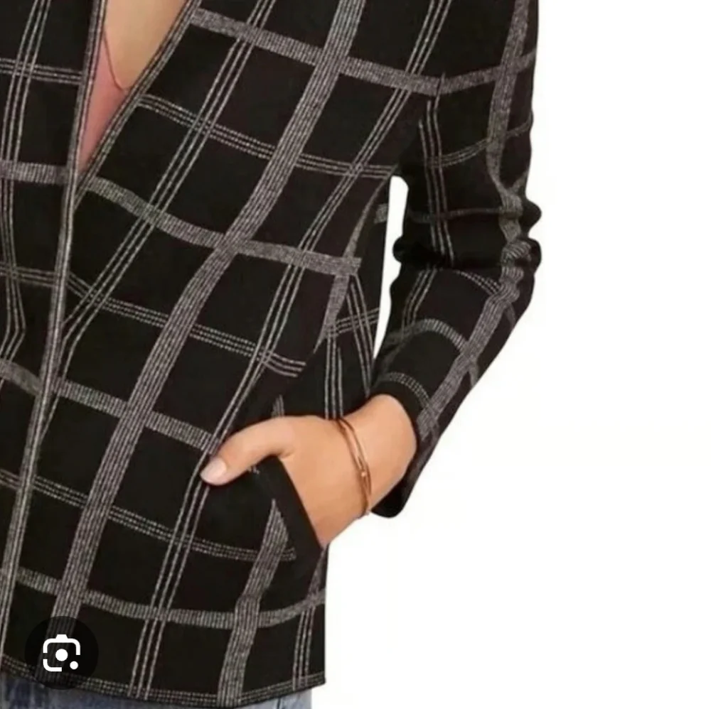 Moth by Anthropologie Knit Sweater Blazer Windowpane Checkered Black Gray Sz L